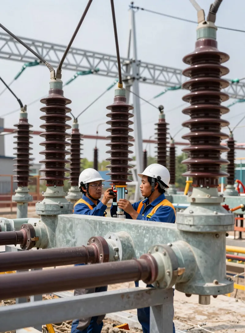 Engineers in hard hats inspecting high-voltage equipment